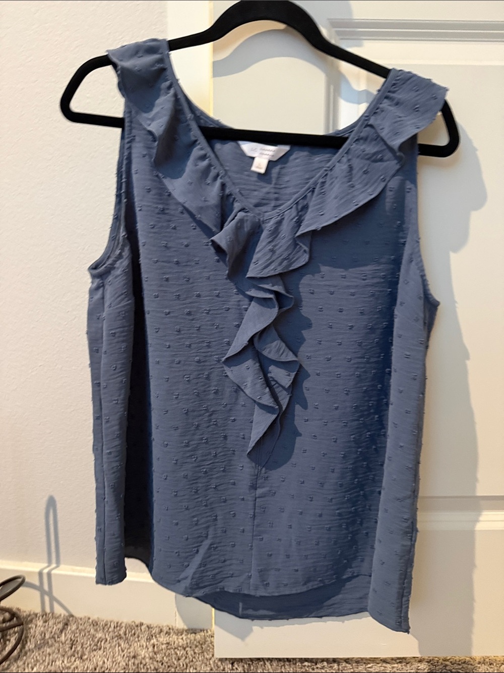 Sleeveless Ruffled Dot Swiss Top in Slate Blue